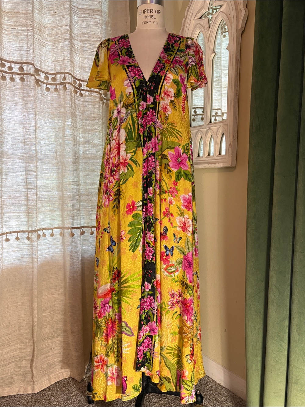 Johnny Was Yellow Floral Maxi Dress with Pink Accents